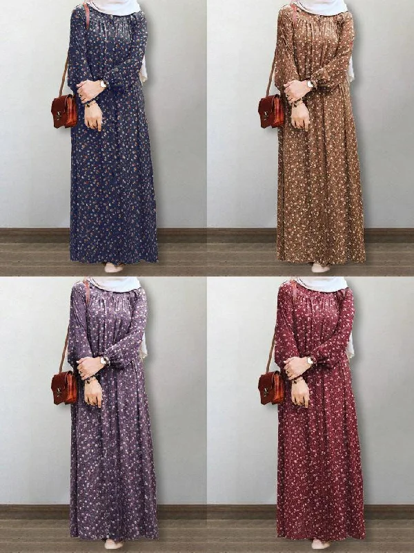 Floral Print Puff Sleeve Lace-up Turn-down-collar Casual Women Maxi Dress