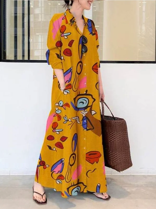 Floral Printed Lapel Collar Long Sleeve Button Split Hem Maxi Shirt Pocket Women Maxi Dress