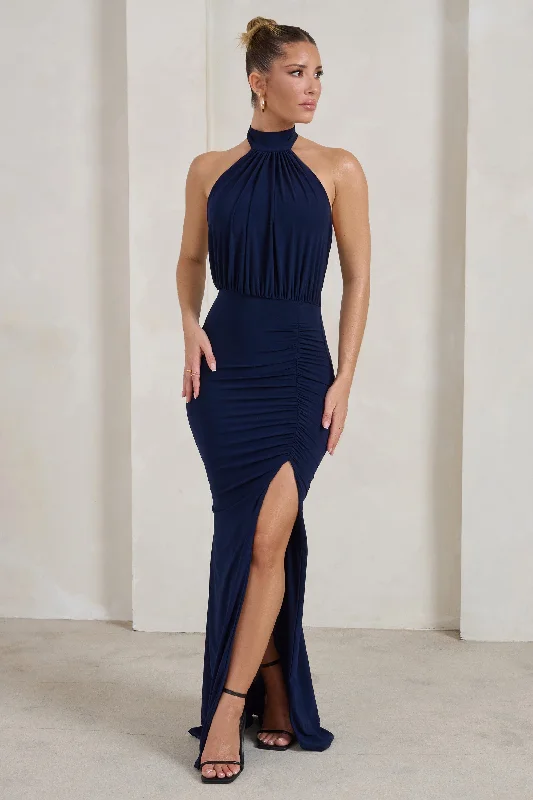 Forever Dreaming | Navy Backless Halterneck Ruched Split Maxi Dress