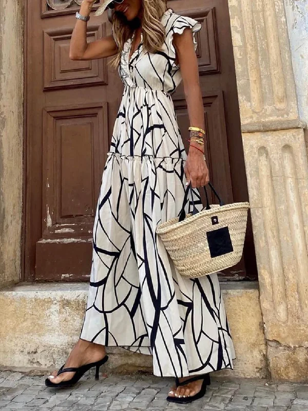 Geometric Print V-Neck Charming Ruffled Hem Maxi Dress