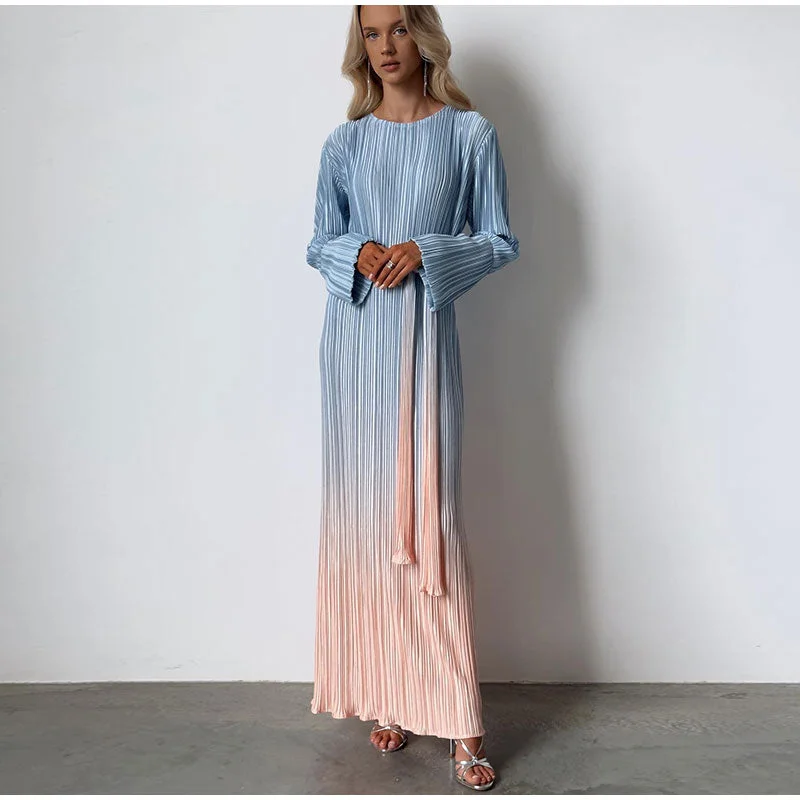 Zjkrl - Gradient Tie Dye Long Sleeve Maxi Dress For Women Fashion Oneck Straight Loose Pleated Vestidos Female Elegantstreetwear Robe