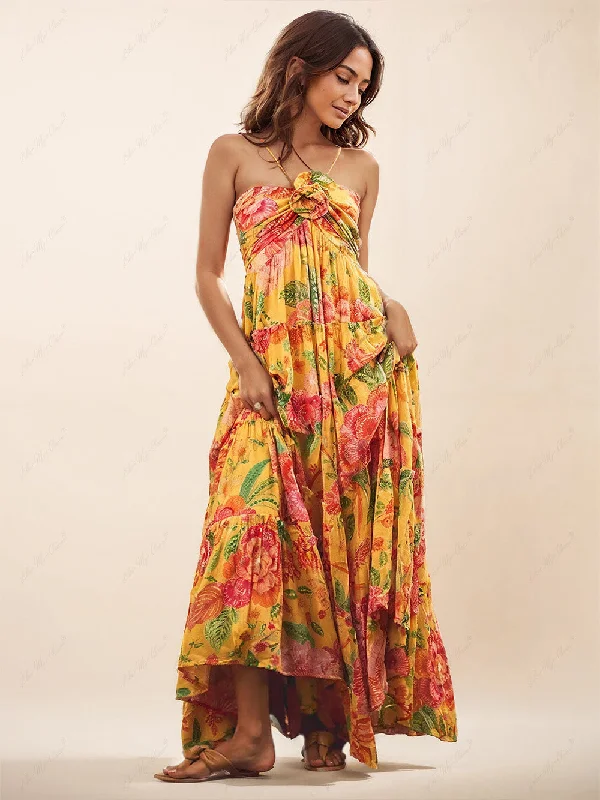 Hanging Neck Printed Floral Graceful Design Backless Straight Maxi Dress