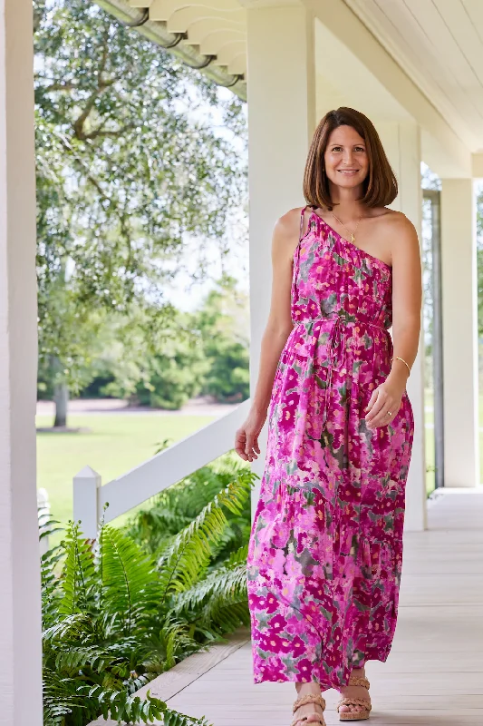 Joyce One-Shoulder Belted Tie Maxi Dress in Pink Ikat Floral