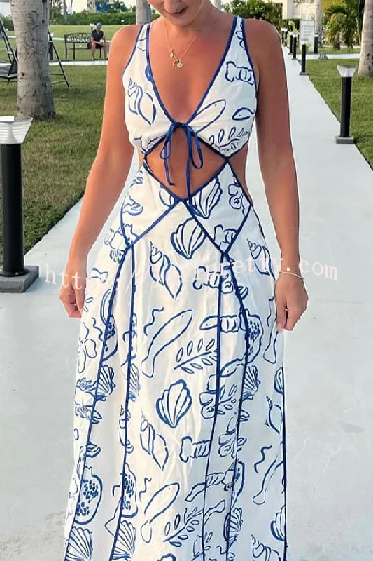 Lilipretty Love The Coastline Linen Blend Unique Print Cutout Tie-up Backless Maxi Dress