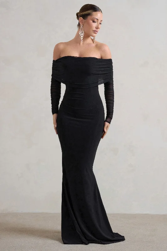 Madeleine | Black Fishtail Maxi Dress With Bardot Mesh Long Sleeves