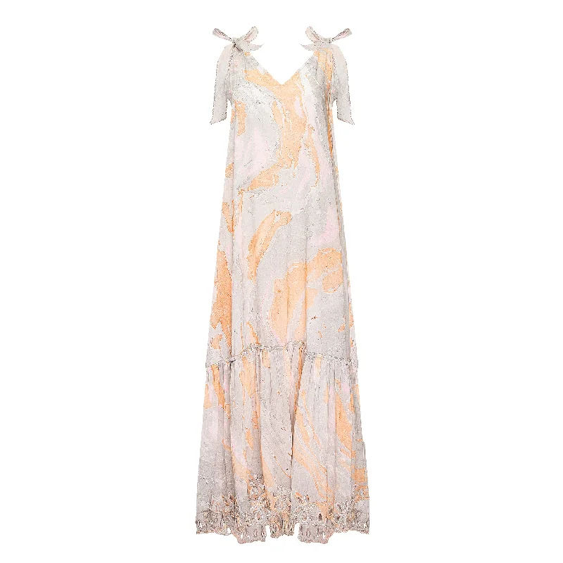 Marble Print V-Front maxi Dress w/Cut out Embro Blue/Peach