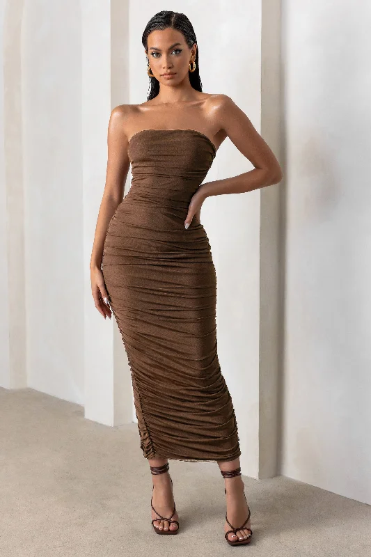 My Lady | Chocolate Brown Strapless Bodycon Ruched Mesh Maxi Dress