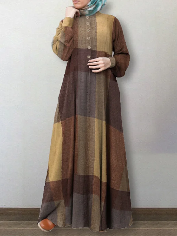 Plaid Print Puff Sleeve Bohemian Maxi Button Up Abaya Kaftan Women Maxi Dress