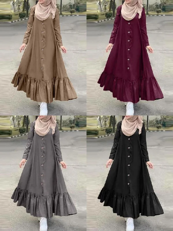 Pure Color Cotton Long Sleeve Ruffle Casual Loose Women Maxi Dress