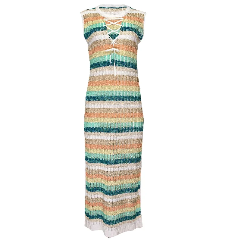 Racking Knit Maxi Dress with Criss Cross Front Neckline White/Green