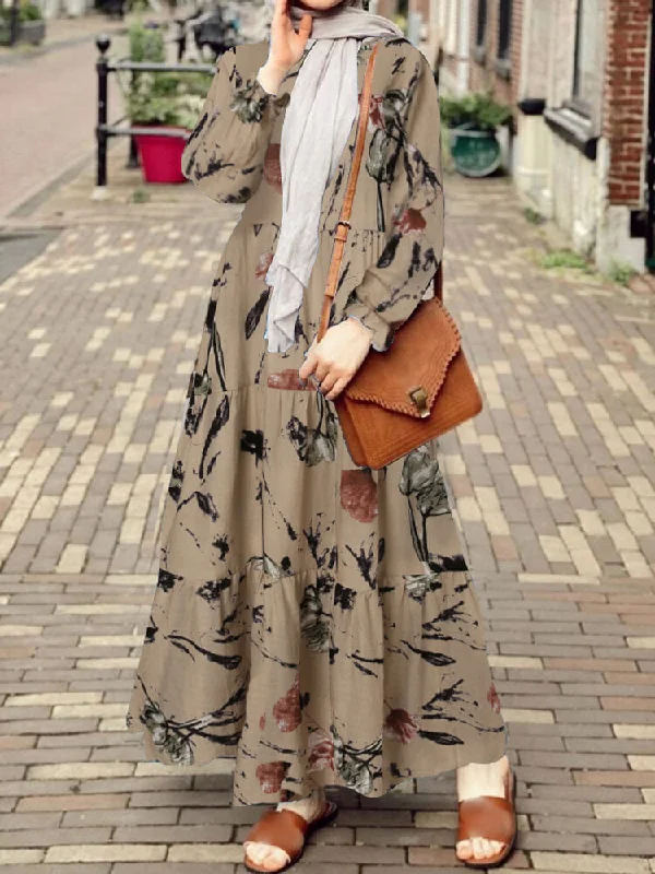 Retro Floral Printing Puff Sleeve O-neck Casual Holiday Women Maxi Dress