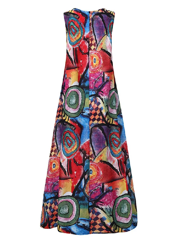 Retro O-neck Floral Print Sleeveless Women Maxi Dress