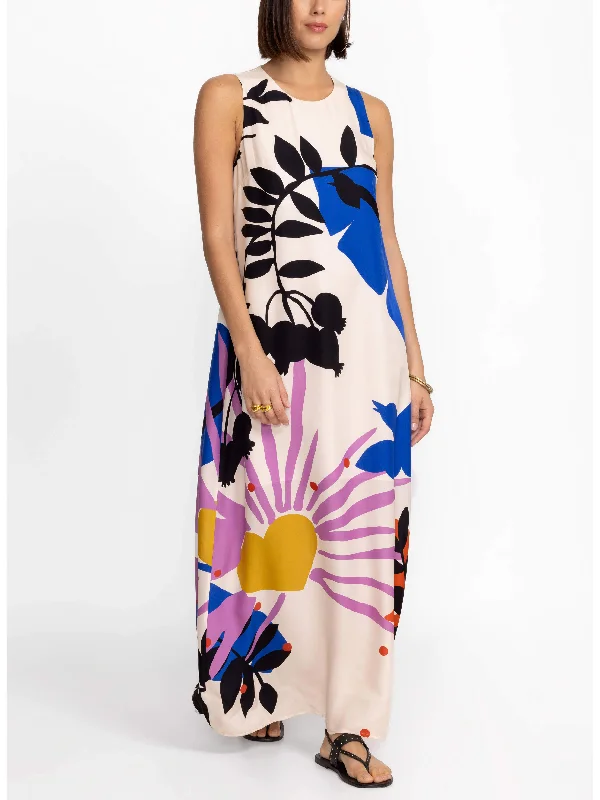 Satin Art Floral Charming Print Maxi Dress