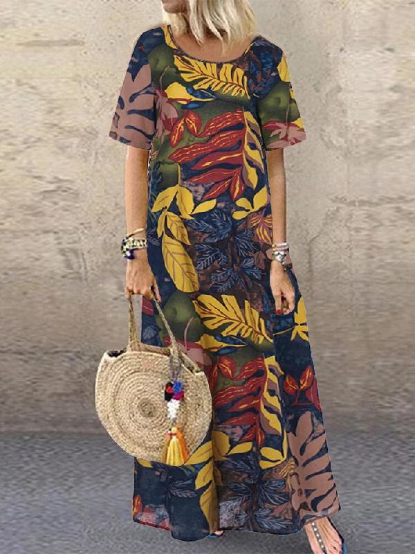 Short Sleeve Crew Neck Floral Cotton Vintage Women Maxi Dress