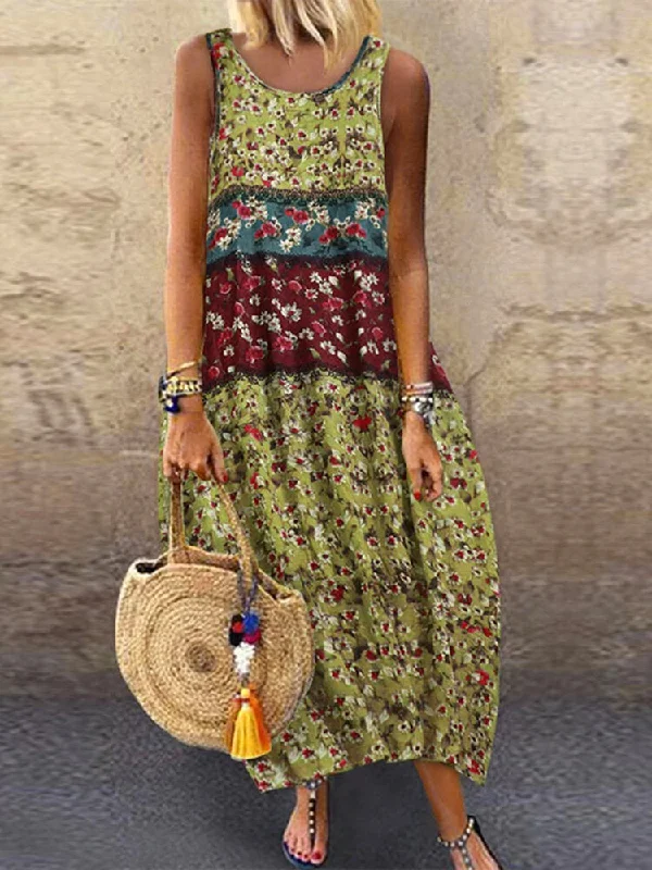 Sleeveless O-neck Floral Print Baggy Summer Women Maxi Dress