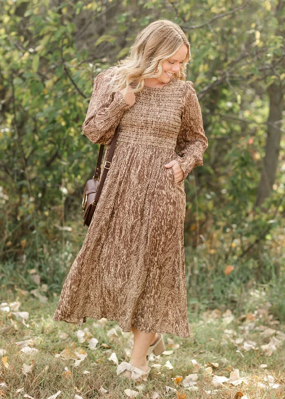 Smocked Brown Long Sleeve Maxi Dress