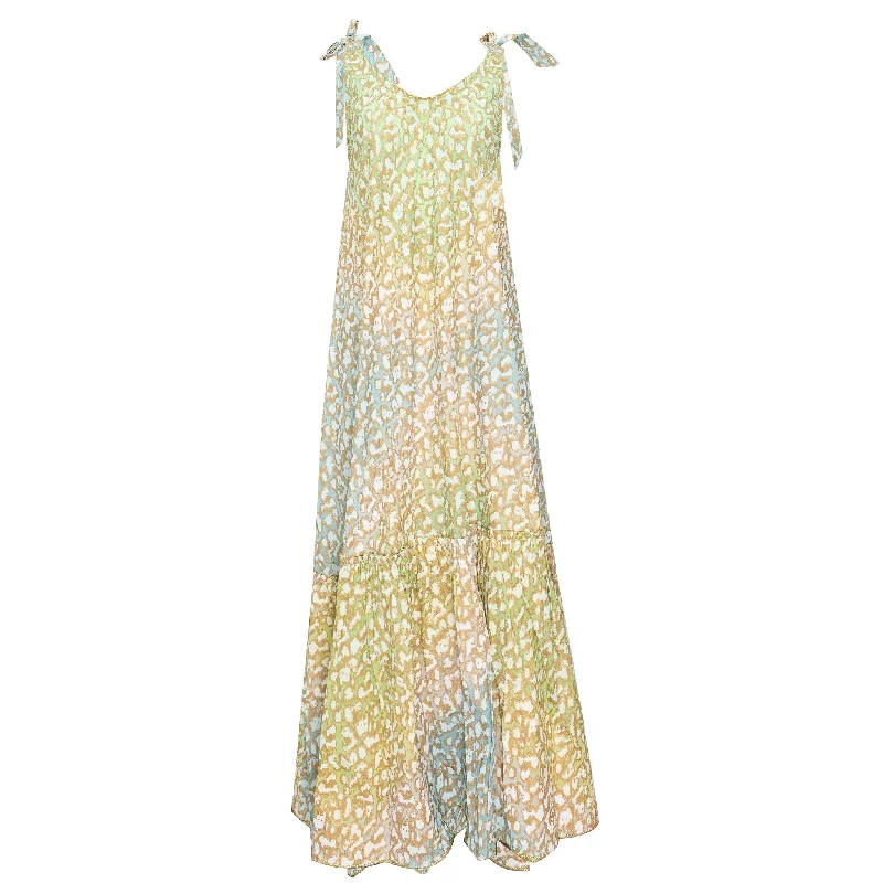 Tie Dye V-Neck Maxi Dress With Snow Leopard Print Green Lime/Turq