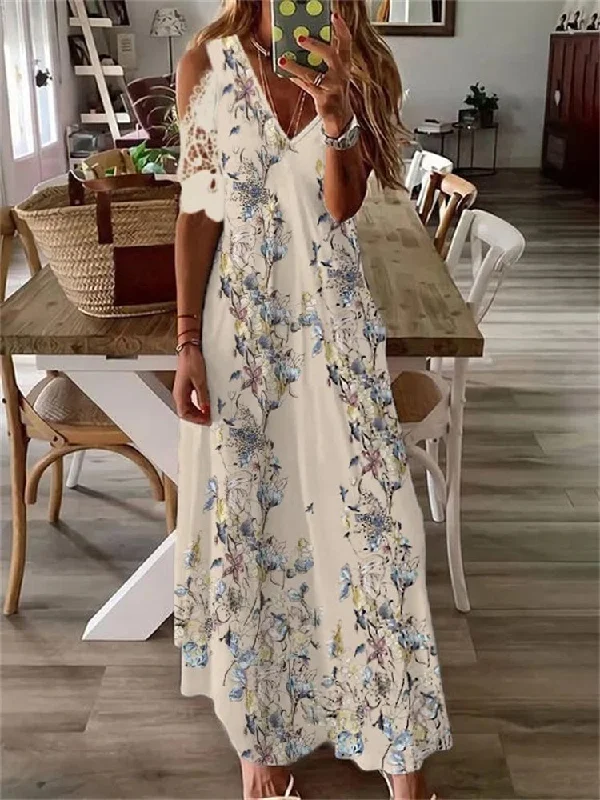 Zjkrl - Boho Floral Lace Hollow Shoulder Maxi Dress