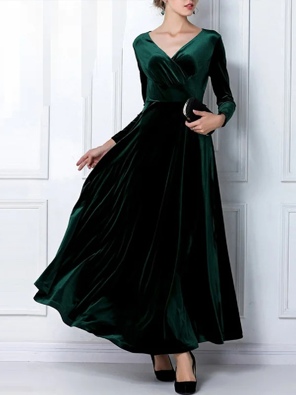 Zjkrl - Elegant Solid Long Sleeved V-neck Velvet Maxi Dresses