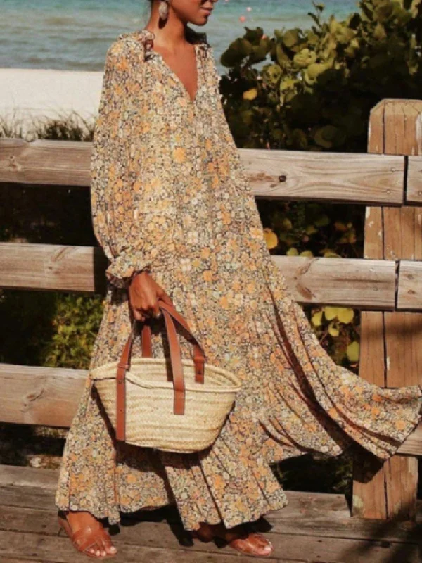 Zjkrl - Floral Bohemian V Neck Long Sleeve Maxi Dress