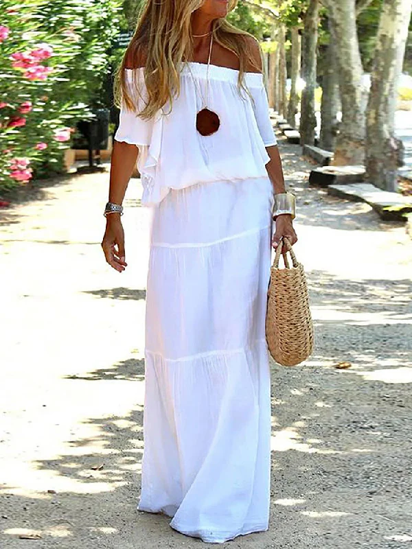 Zjkrl - Horizontal Neck White Simple Women Casual Maxi Dress