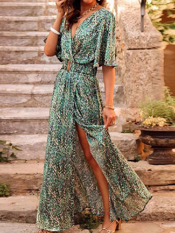 Zjkrl - Printed V-Neck Slit Maxi Dress