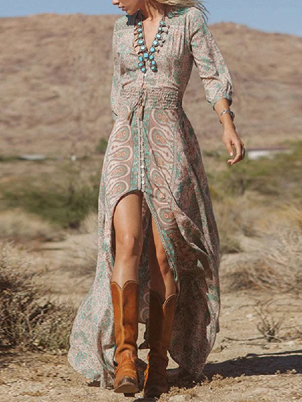 Zjkrl - Western Style Boho Print Slit Maxi Dress