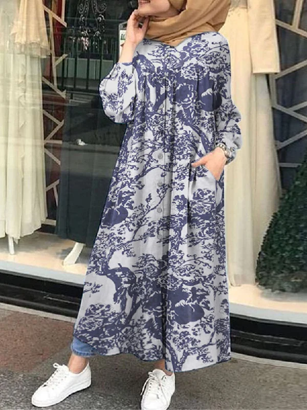 Vintage Floral Print Cotton Kaftan Tunic Muslim Pockets Women Maxi Dress