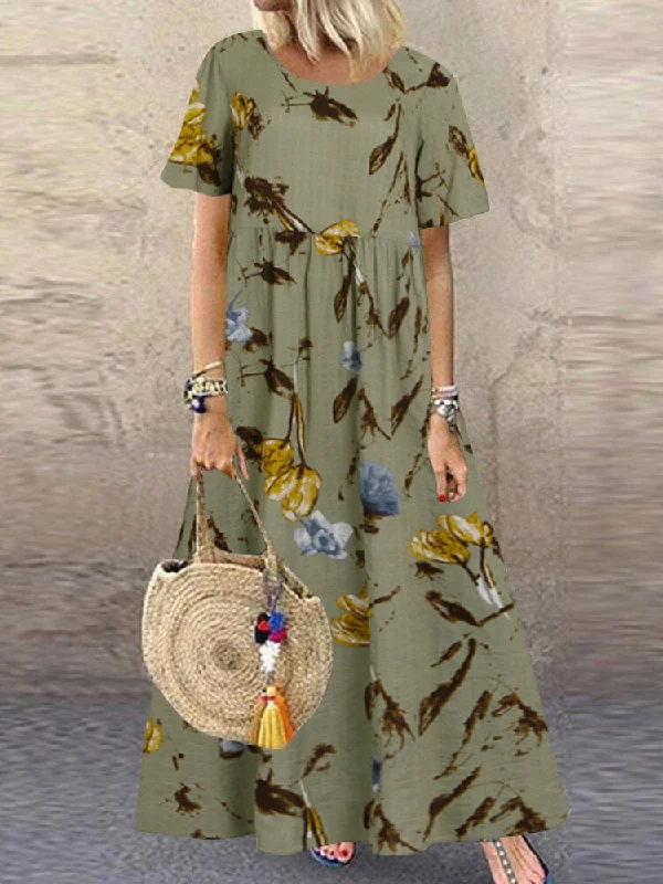 Vintage Floral Print Short Sleeve Loose Casual Women Maxi Dress