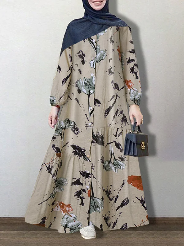 Vintage Flower Print Button Up Kaftan Long Sleeve Women Maxi Dress