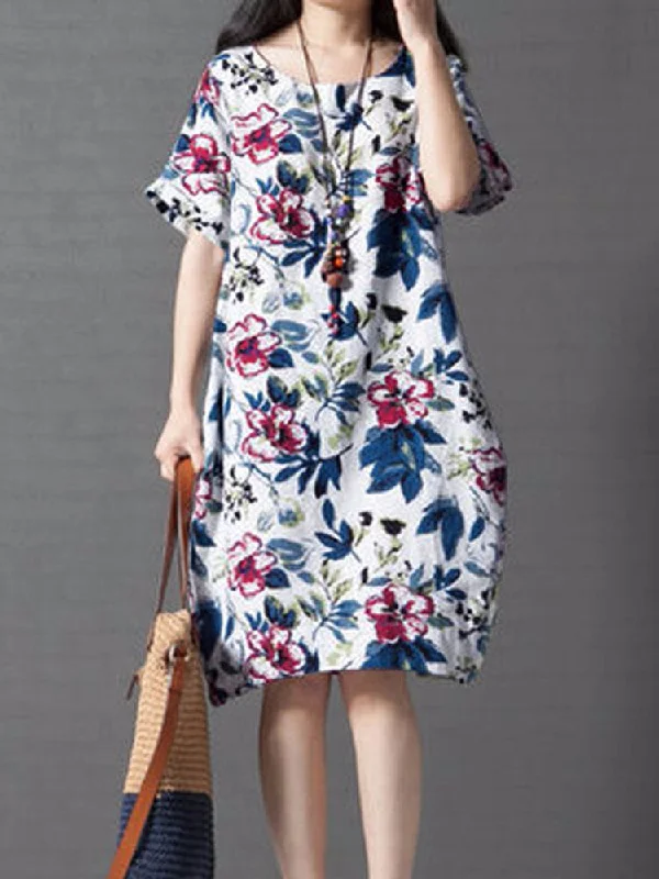 Vintage Loose Printing Short Sleeve Elegant Women Maxi Dress