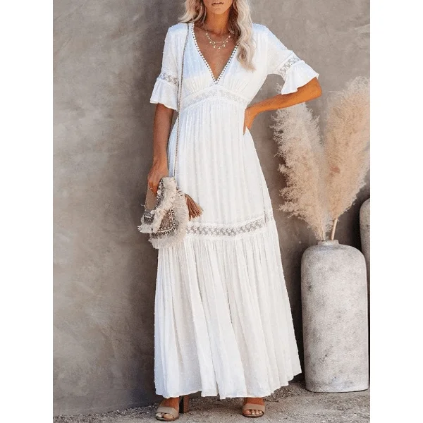 White Lace High Waist Boho Maxi Dress