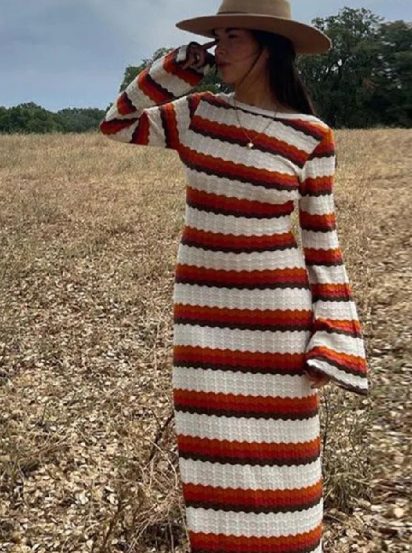 Women Elegant Striped Backless Knitted Maxi Dress Female Flare Long Sleeve O Neck Dresses 2023 Summer Female Casual Vestidos