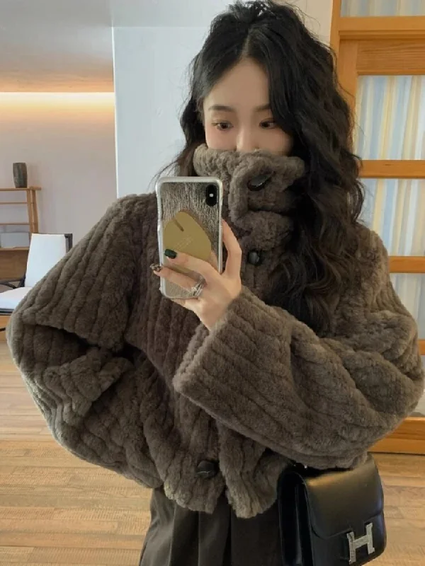 Getadme--town Vintage Faux Fur Cropped Jackets Women Korean Style Fleece Fluffy Short Coats Elegant Thick Warm Outwear Autumn Winter