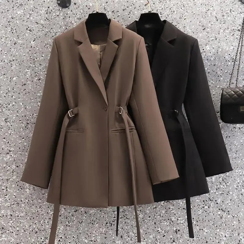 Getadme-Fashion Women Blazer New Lapel Brown Pocket Long Sleeve Loose Jacket Spring Autumn Designed Office Suits Coat Female