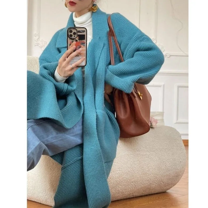 Light Blue Lazy Loose Cardigan for Women Causal Long Sweaters Knitwears Winter Coat Jacket Knit Korean Fashion Jersey Mujer