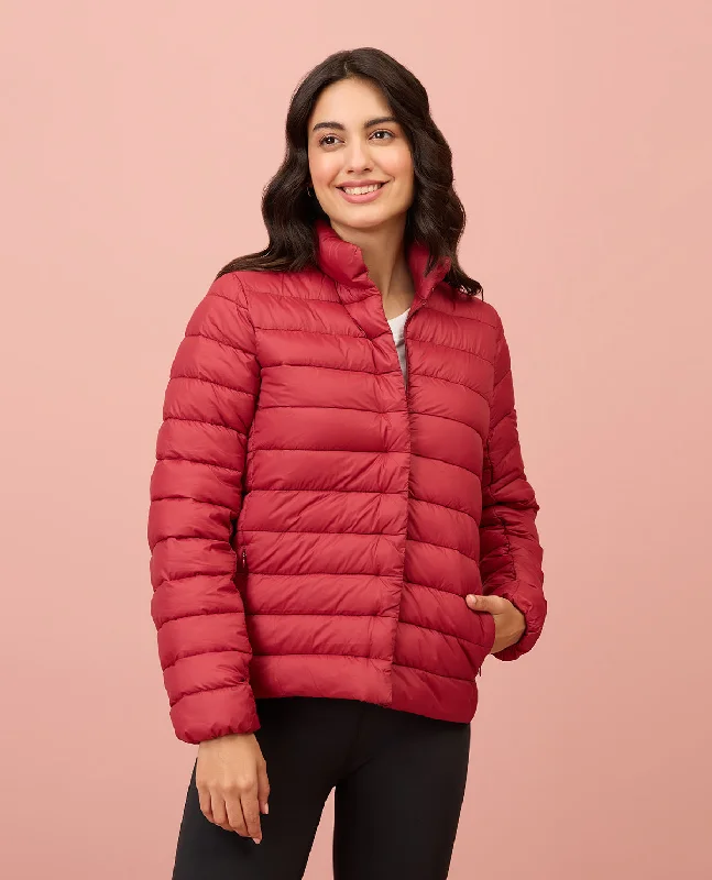 NYKD By Nykaa Ultra Light Weight Puffer Jacket with Inbuilt Bag (Set of 2)-NYAT405-Red