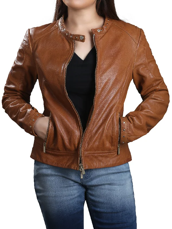 Ofeliya Tan Brown Perforated Leather Motorcycle Jacket