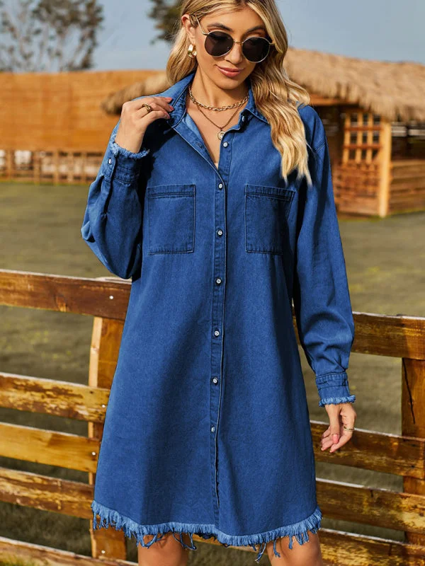 Blue Zone Planet | Retro Washed Denim Loose Long Sleeve Raw Edge Mini Dress