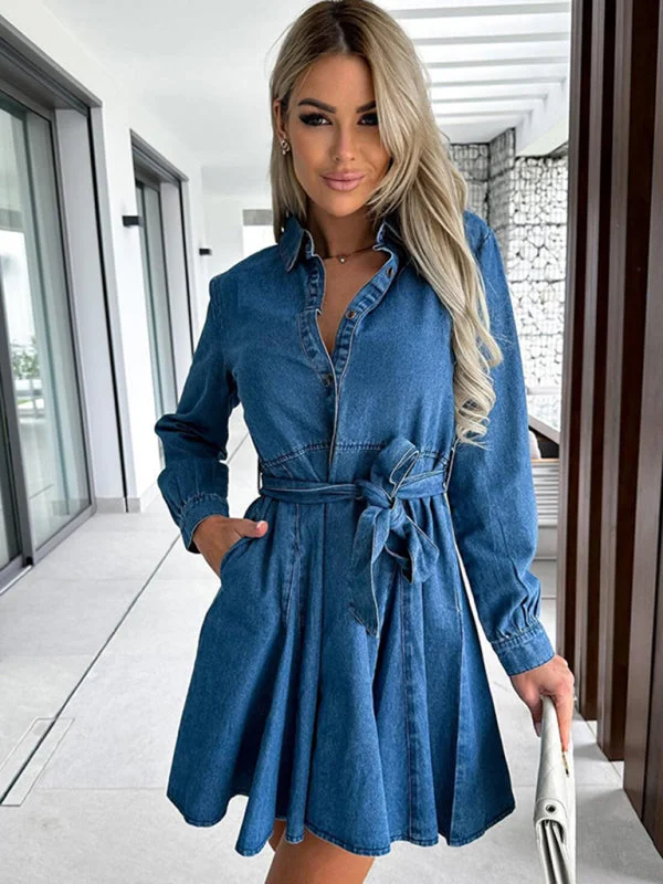 Blue Zone Planet |  Mia's Waist-Cinched Lapel Denim Mini Dress