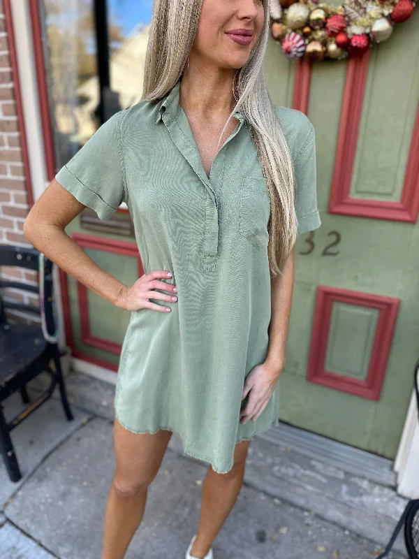 Moon Washed Denim Mini Dress- Olive