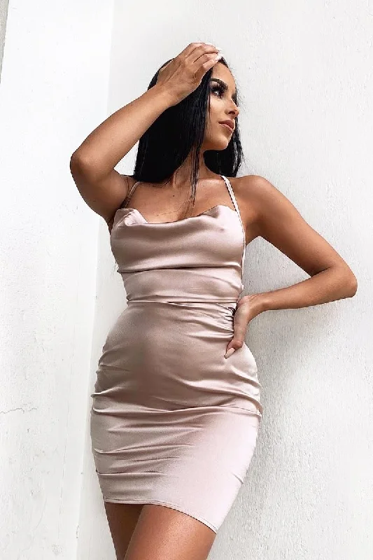 Nude Satin Lace Up Bodycon Mini Dress - Sira