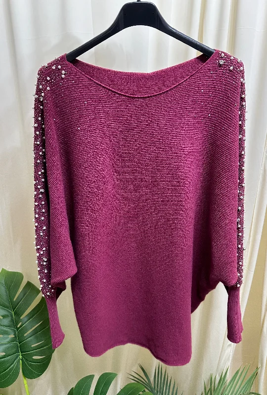 Pearl & diamanté detail jumper - Wine