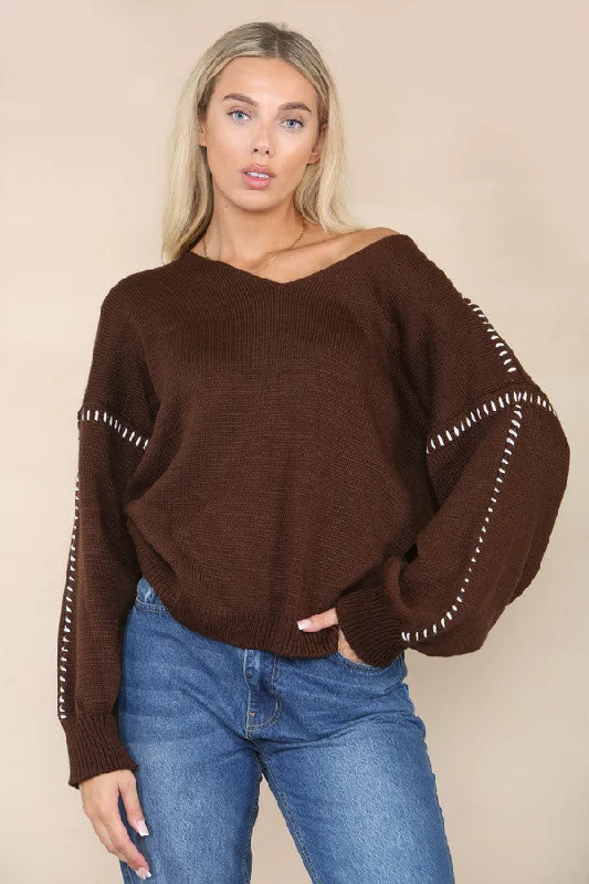 Brown contrast stitching jumper