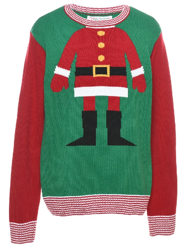 Green & Red Santa Design Christmas Jumper - M