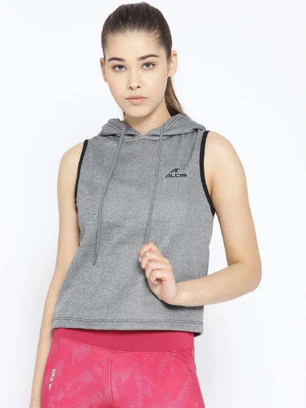 Alcis Women Grey Solid Hooded Sleeveless Sweatshirt