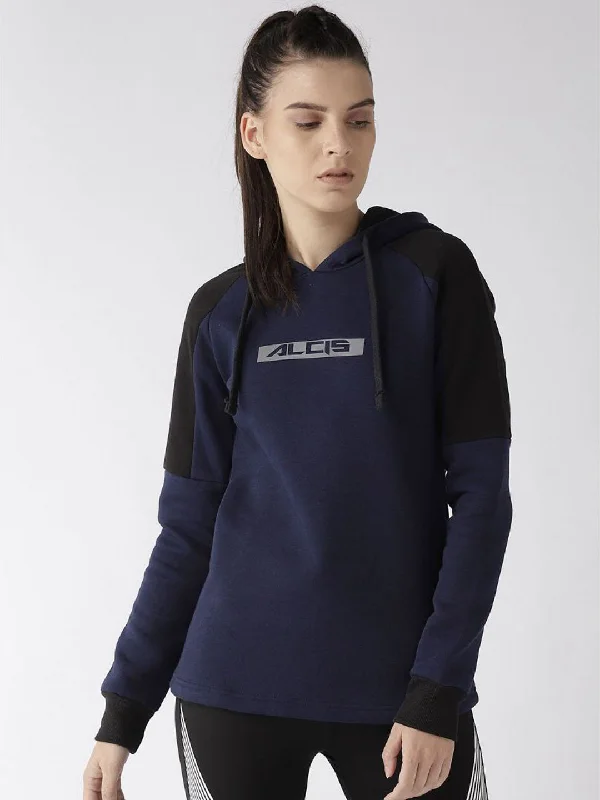 Alcis Women Navy Blue Printed Detail Hooded Sweatshirt