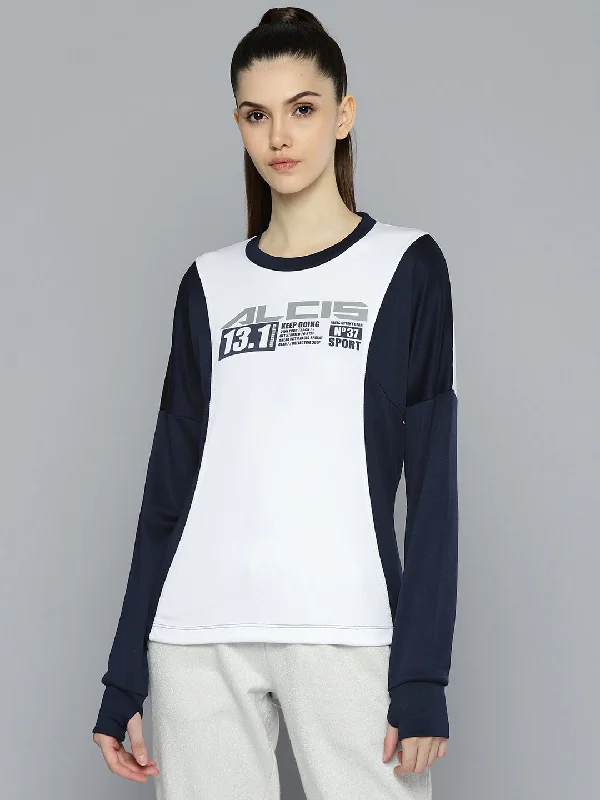 Alcis Women White and Navy Blue Brand Logo Printed Sweatshirt