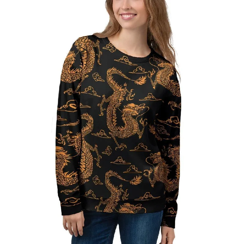 Gold Janpanese Dragon Print Women's Sweatshirt