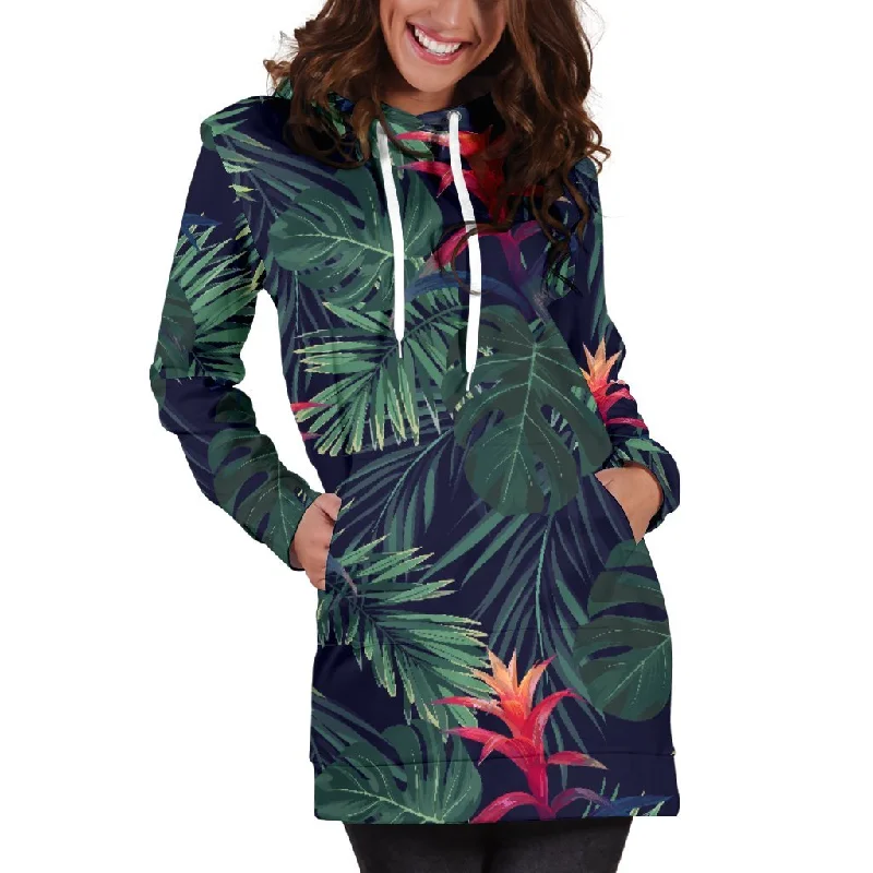 Hawaiian Palm Leaves Pattern Print Pullover Hoodie Dress